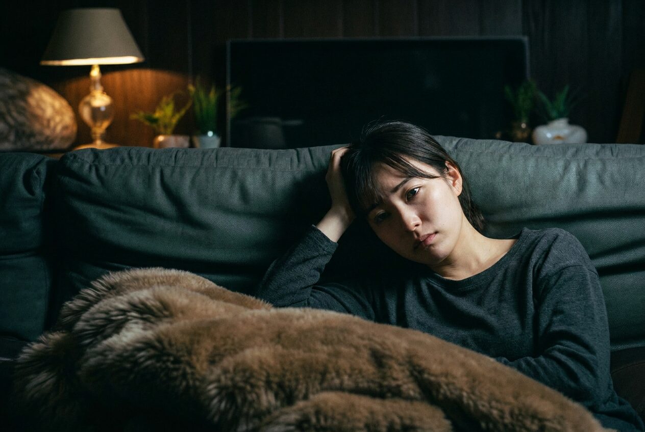 ソファに座り、一人で考え込む女性