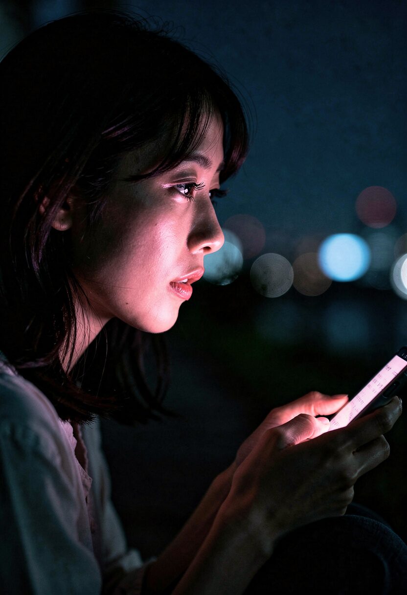 夜にスマートフォンを見ながら一人で考えている女性